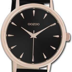OOZOO Quarzuhr Oozoo Damen Armbanduhr Timepieces, Damenuhr Lederarmband schwarz, rundes Gehäuse, groß (ca. 42mm)