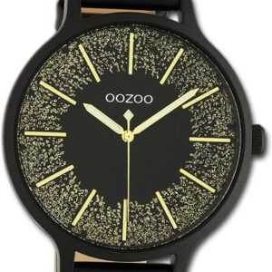 OOZOO Quarzuhr Oozoo Damen Armbanduhr Timepieces, Damenuhr Lederarmband schwarz, rundes Gehäuse, groß (ca. 44mm)