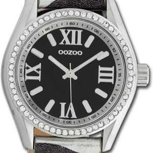 OOZOO Quarzuhr Oozoo Damen Armbanduhr Timepieces, Damenuhr Lederarmband schwarz, weiß, rundes Gehäuse, groß (ca. 40mm)