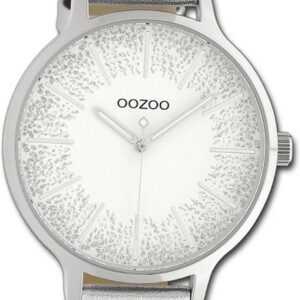 OOZOO Quarzuhr Oozoo Damen Armbanduhr Timepieces, Damenuhr Lederarmband silber, rundes Gehäuse, groß (ca. 44mm)