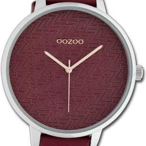 OOZOO Quarzuhr Oozoo Damen Armbanduhr Timepieces, Damenuhr Lederarmband weinrot, rundes Gehäuse, extra groß (ca. 48mm)