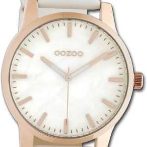 OOZOO Quarzuhr Oozoo Damen Armbanduhr Timepieces, Damenuhr Lederarmband weiß, rundes Gehäuse, groß (ca. 42mm)