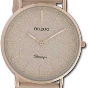 OOZOO Quarzuhr Oozoo Damen Armbanduhr Vintage Series, Damenuhr Lederarmband beige, rosa, rundes Gehäuse, groß (ca. 40mm)
