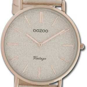 OOZOO Quarzuhr Oozoo Damen Armbanduhr Vintage Series, Damenuhr Lederarmband beige, rosa, rundes Gehäuse, groß (ca. 40mm)
