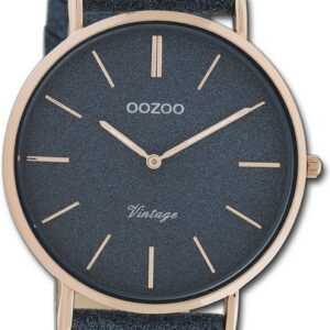 OOZOO Quarzuhr Oozoo Damen Armbanduhr Vintage Series, Damenuhr Lederarmband dunkelblau, rundes Gehäuse, groß (ca. 40mm)