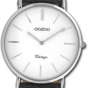 OOZOO Quarzuhr Oozoo Damen Armbanduhr Vintage Series, Damenuhr Lederarmband dunkelgrau, rundes Gehäuse, mittel (ca. 32mm)