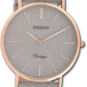 OOZOO Quarzuhr Oozoo Damen Armbanduhr Vintage Series, Damenuhr Lederarmband grau, rundes Gehäuse, groß (ca. 40mm)