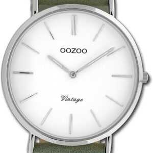OOZOO Quarzuhr Oozoo Damen Armbanduhr Vintage Series, Damenuhr Lederarmband grün, rundes Gehäuse, groß (ca. 40mm)