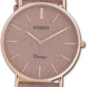 OOZOO Quarzuhr Oozoo Damen Armbanduhr Vintage Series, Damenuhr Lederarmband rosa, rundes Gehäuse, groß (ca. 40mm)