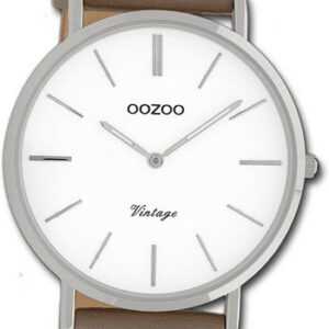 OOZOO Quarzuhr Oozoo Damen Armbanduhr Vintage Series, Damenuhr Lederarmband taupe, braun, rundes Gehäuse, mittel (ca. 36mm)