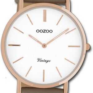 OOZOO Quarzuhr Oozoo Damen Armbanduhr Vintage Series, Damenuhr Lederarmband taupe, braun, rundes Gehäuse, mittel (ca. 36mm)