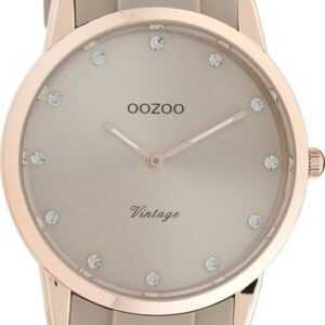 OOZOO Quarzuhr Oozoo Damen Armbanduhr Vintage Series, Damenuhr rund, mittel (ca. 38mm), Silikonarmband taupe, grau, Fashion