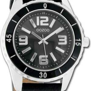OOZOO Quarzuhr Oozoo Unisex Armbanduhr Vintage Series, Damen, Herrenuhr Lederarmband schwarz, rundes Gehäuse, groß (ca. 45mm)