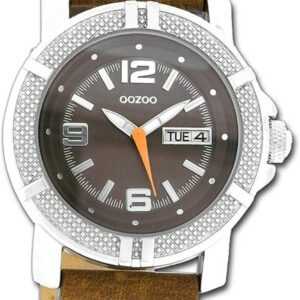 OOZOO Quarzuhr Oozoo Unisex Armbanduhr Vintage Series, Herren, Damenuhr Lederarmband braun, rundes Gehäuse, groß (ca. 42mm)