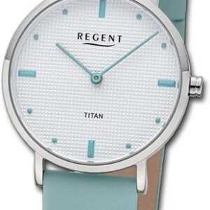 Regent Quarzuhr Regent Damen Titan-Armbanduhr Analog, Damenuhr Lederarmband hellblau, rundes Gehäuse, mittel (ca. 32mm)