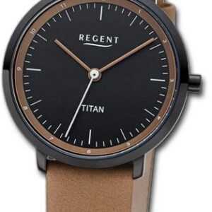 Regent Quarzuhr Regent Damen Titan-Armbanduhr Analog, Damenuhr Lederarmband hellbraun, rundes Gehäuse, klein (ca. 30mm)