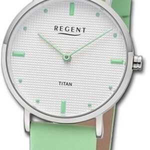 Regent Quarzuhr Regent Damen Titan-Armbanduhr Analog, Damenuhr Lederarmband hellgrün, rundes Gehäuse, mittel (ca. 32mm)