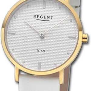 Regent Quarzuhr Regent Damen Titan-Armbanduhr Analog, Damenuhr Lederarmband weiß, rundes Gehäuse, mittel (ca. 32mm)