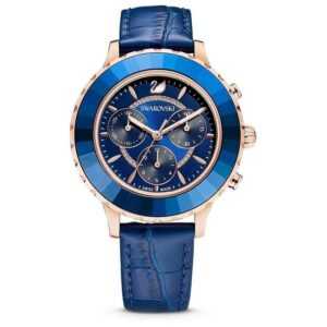 Swarovski Chronograph Swarovski Damen Uhr 5563480 Octea Lux Chrono, Lederarmband, blau, rosé, (1-tlg)