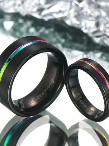 【Paar】Schwarzer Regenbogen Wolfram Ring - Neonnacht