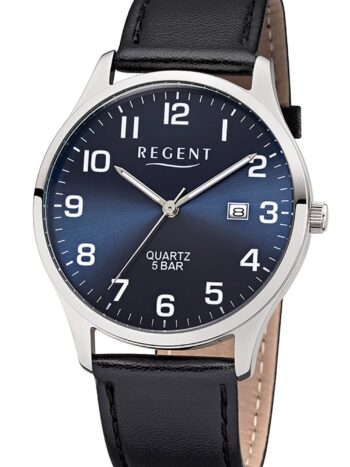 Regent F-1240 Herren-Armbanduhr mit Lederband Schwarz/Blau